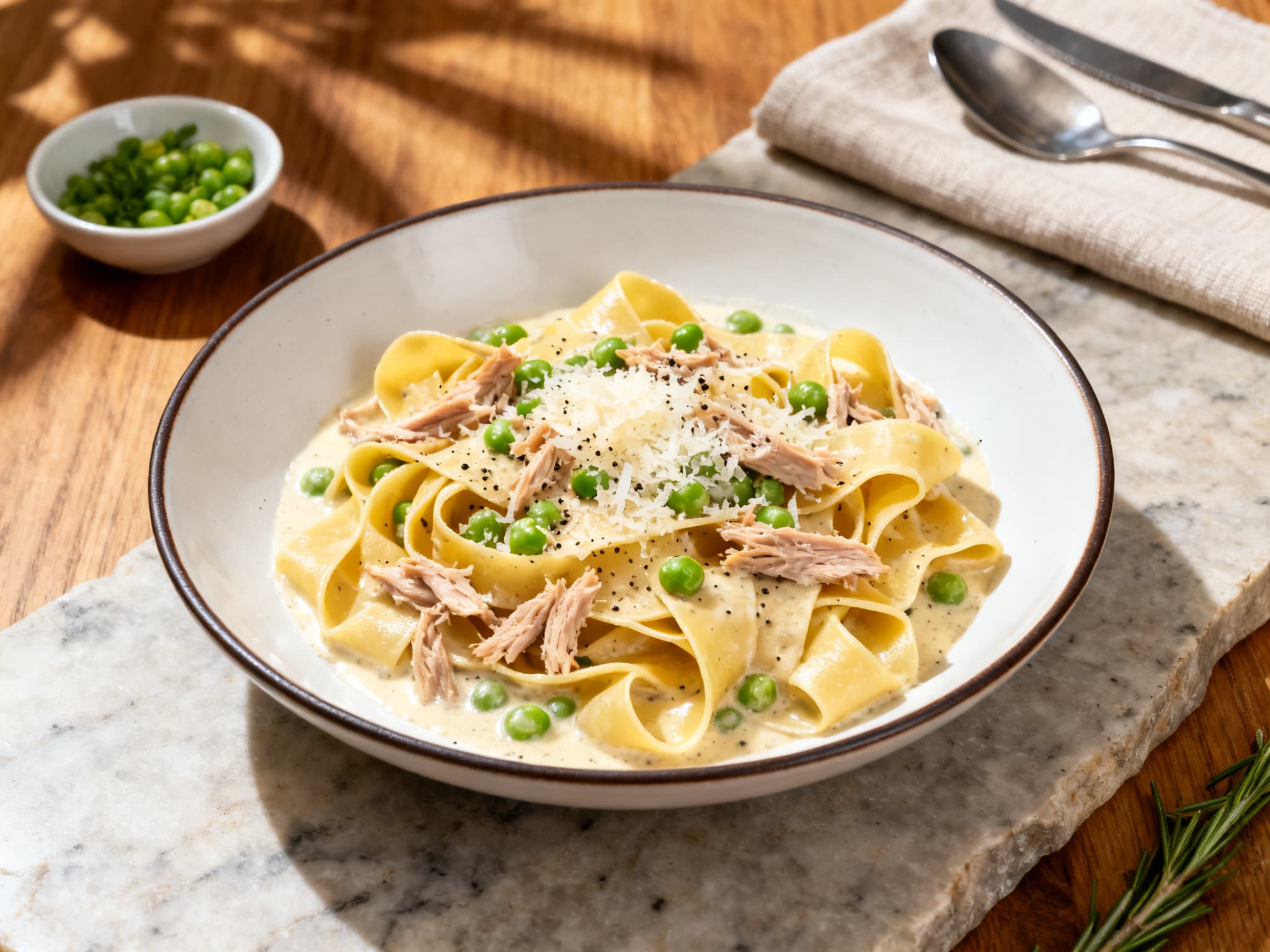 Creamy Garlic Pappardelle with Tuna and Peas